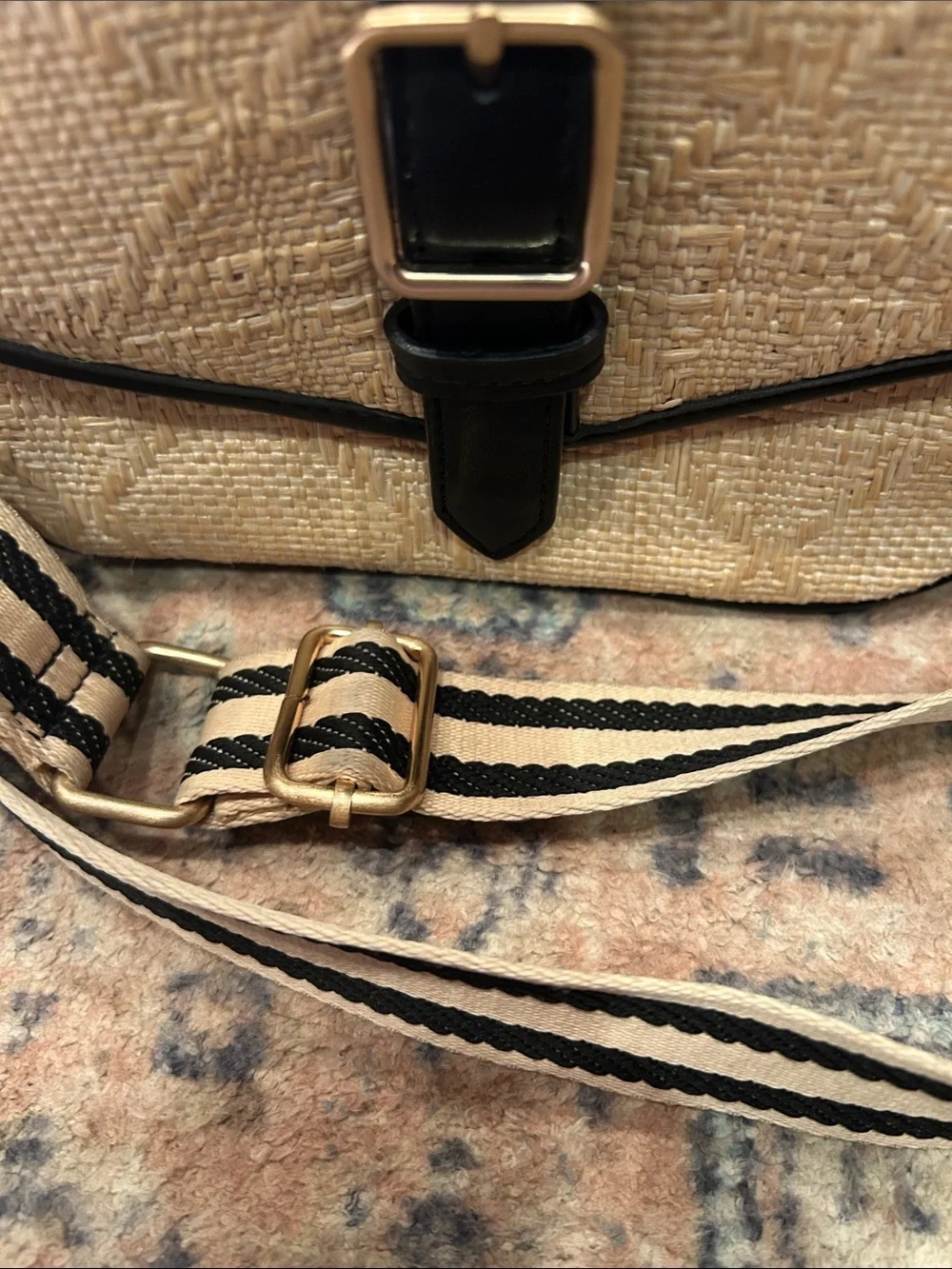 Neutral Woven Crossbody Bag with Black Trim and Striped Strap